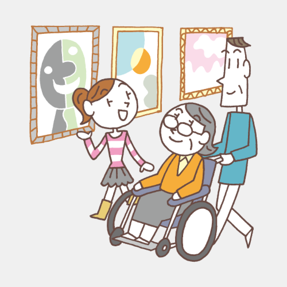 車椅子に乗っているおばあさんを連れている親子のイラスト