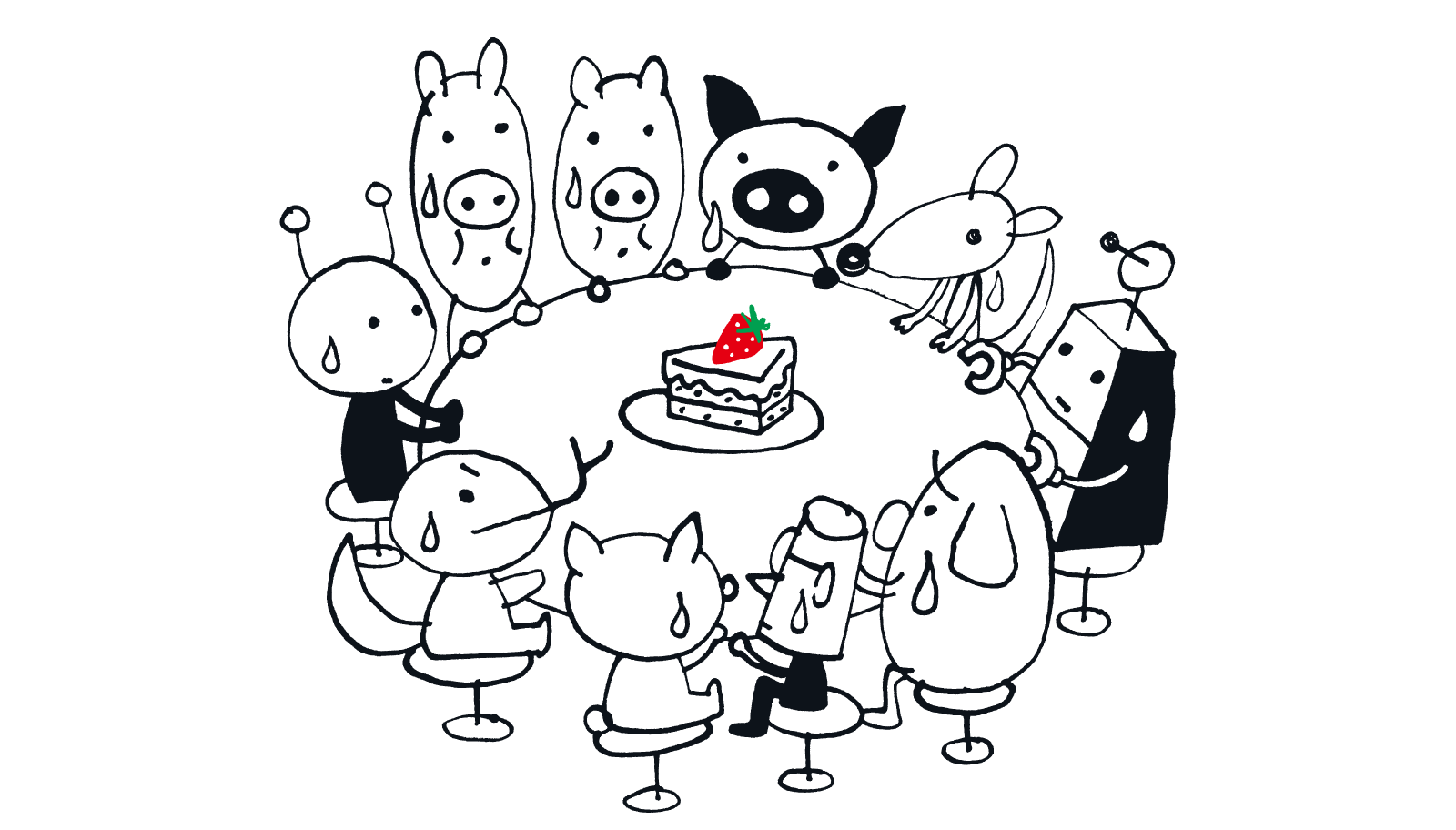 苺ショートケーキが一つ乗った丸テーブルにキャラクター達が囲んで座っているイラスト